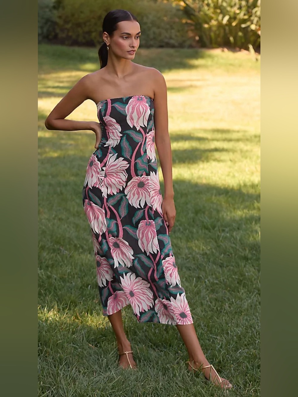Anthropologie Strapless Floral Midi Dress in Green and Pink